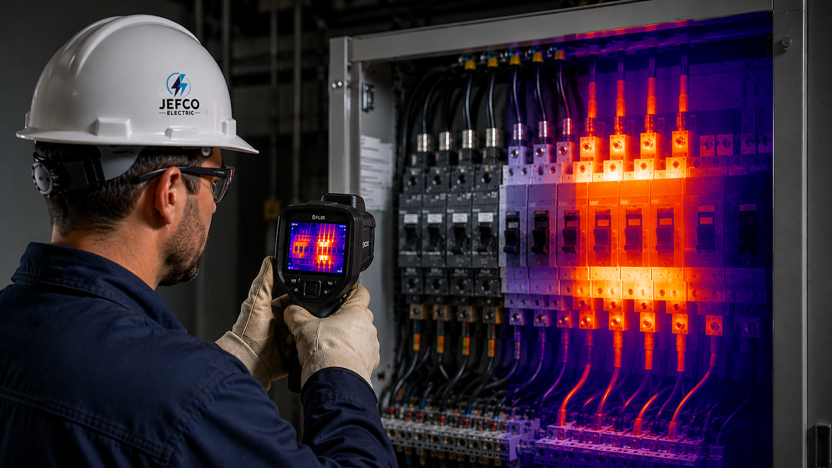 Jefco Electric technician performing an infrared electrical inspection with a thermal imaging camera on a commercial electrical panel